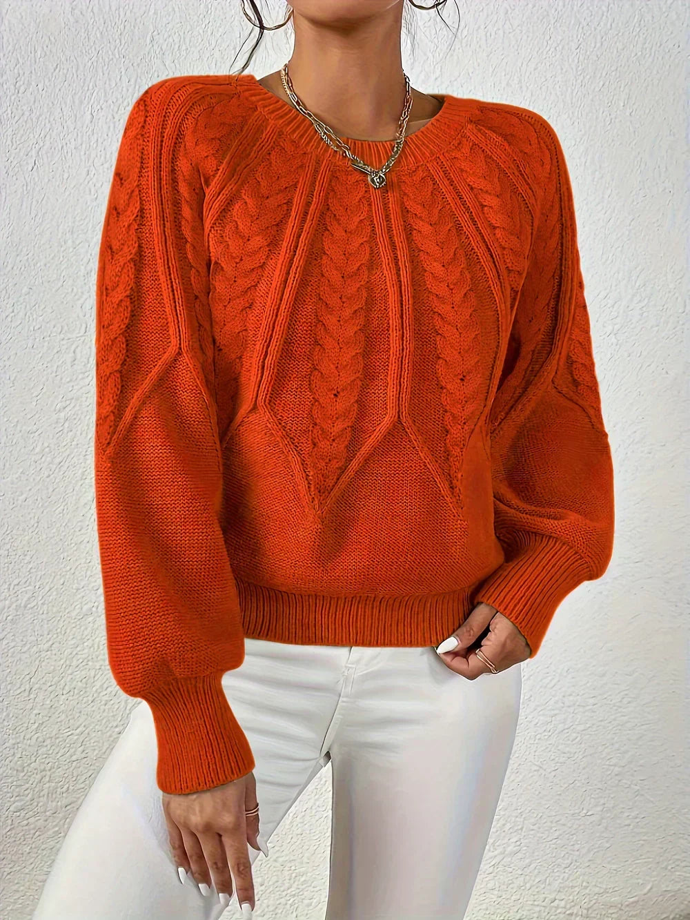 Women's Cable Knit Sweater Round Neck Long Sleeve Casual Pullover