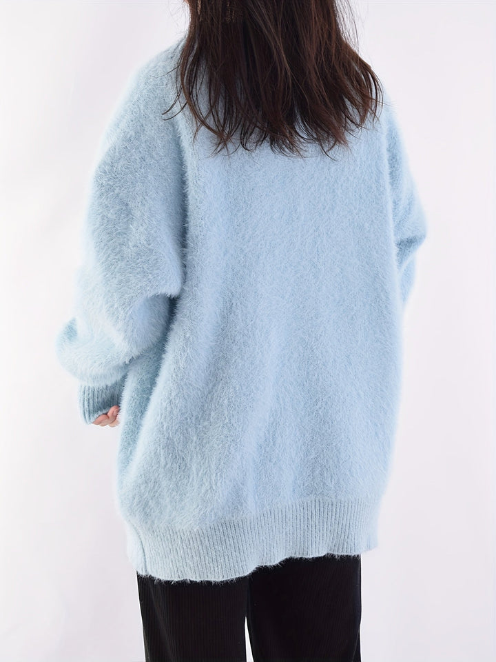 Women's Fuzzy Open Front Cardigan V-Neck Long Sleeve Pearl Button Knit Sweater