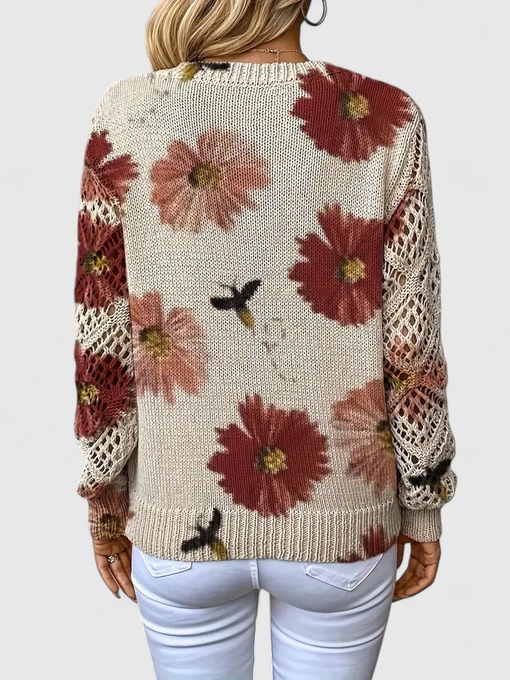 Women's V-Neck Floral Sweater – Long Sleeve Crochet Knit Pullover