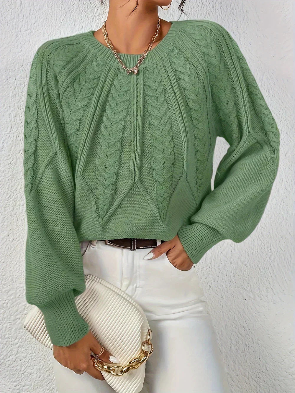 Women's Cable Knit Sweater Round Neck Long Sleeve Casual Pullover