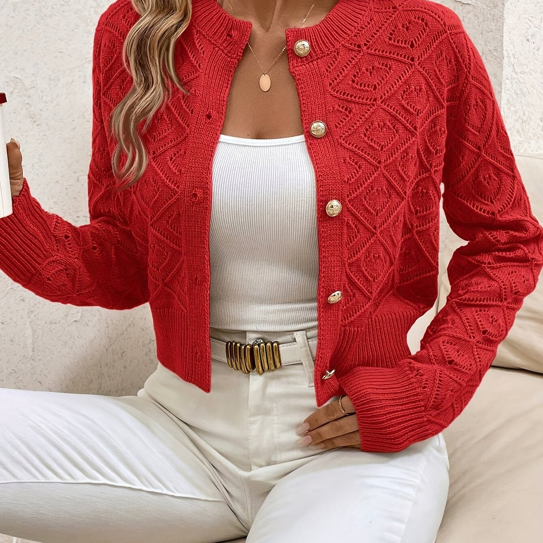 Women's Cropped Cardigan Long Sleeve Button-Front Textured Pointelle Knit Casual