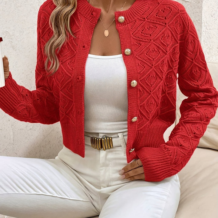 Women's Cropped Cardigan Long Sleeve Button-Front Textured Pointelle Knit Casual