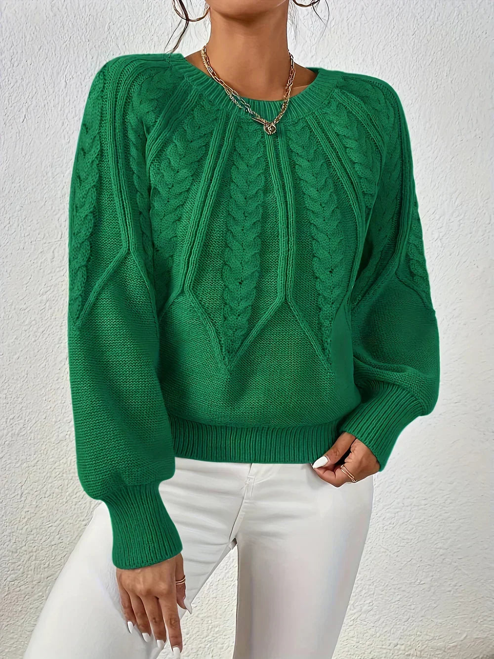 Women's Cable Knit Sweater Round Neck Long Sleeve Casual Pullover