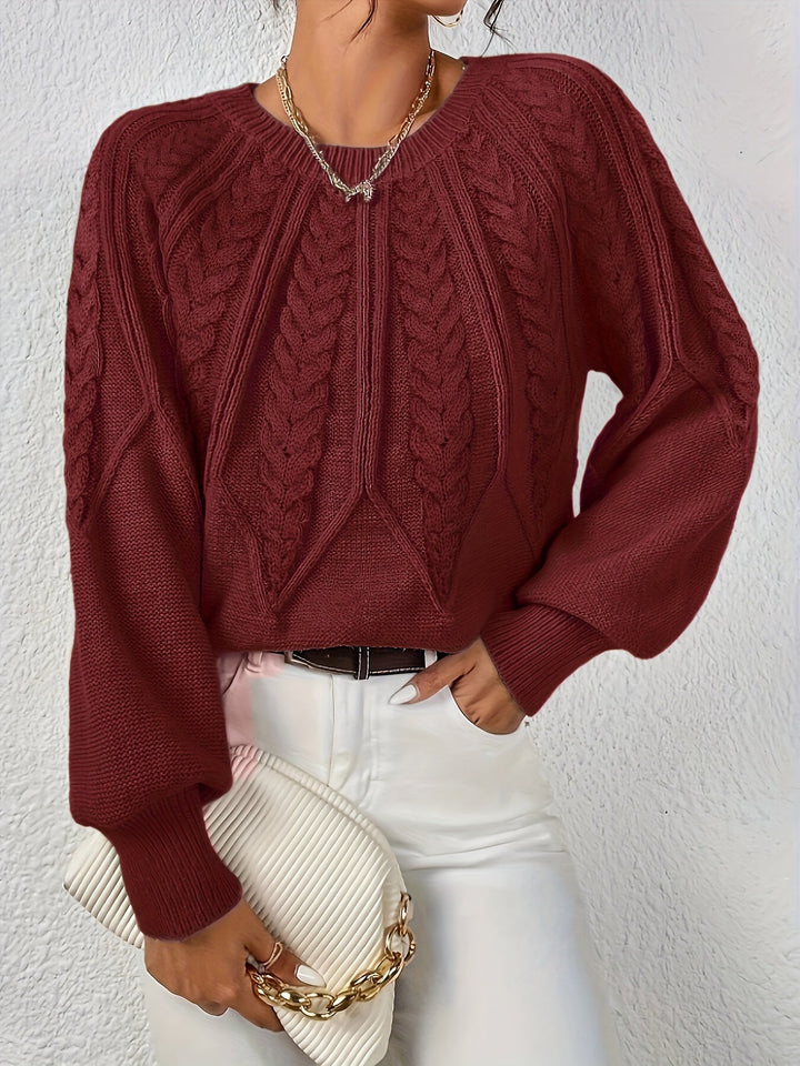 Women's Cable-Knit Sweater Round Neck Long Sleeve Ribbed Cuff Casual Pullover