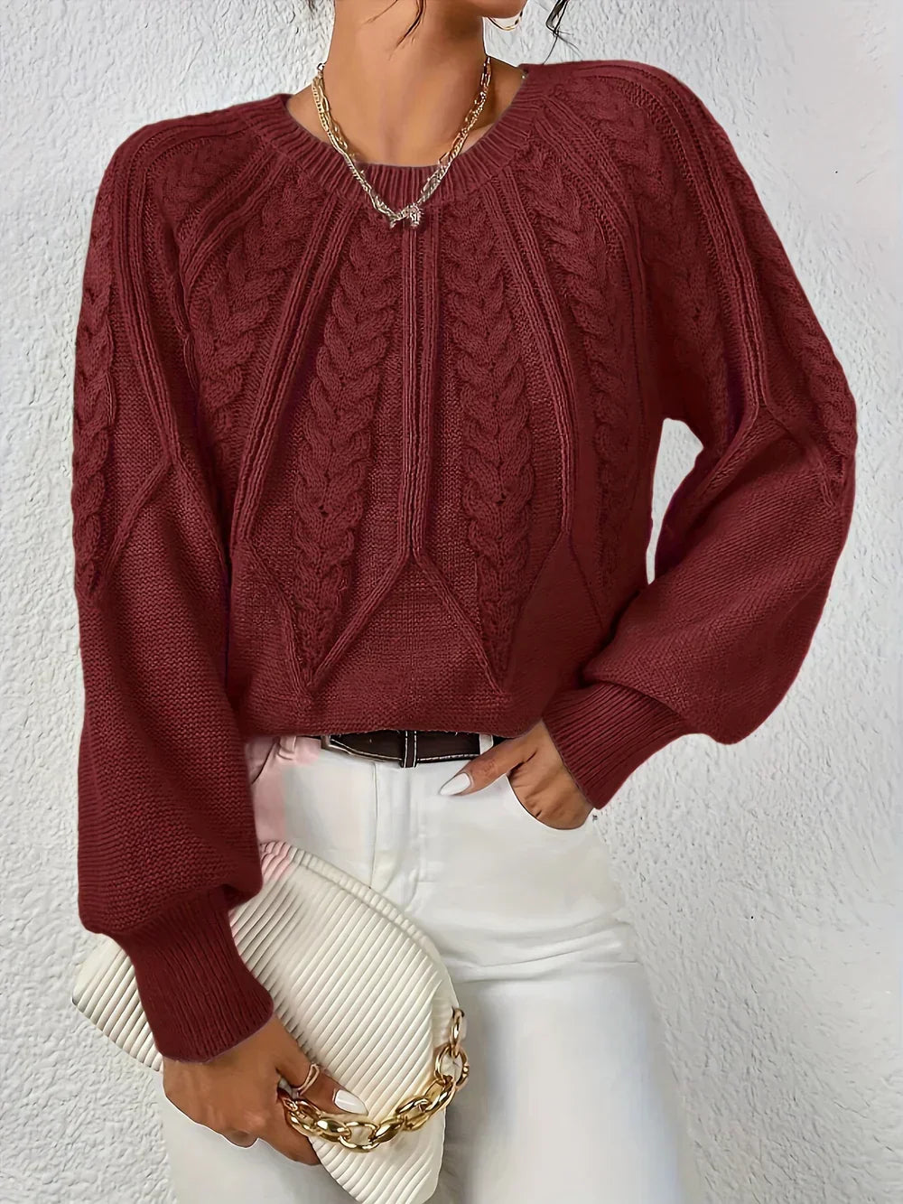 Women's Cable Knit Sweater Round Neck Long Sleeve Casual Pullover