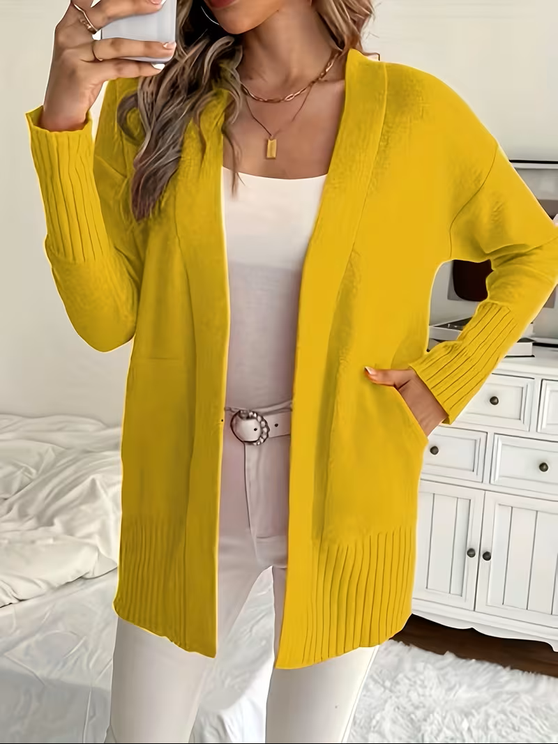 Women's Open Front Cardigan Long Sleeve Ribbed Knit Pockets Casual
