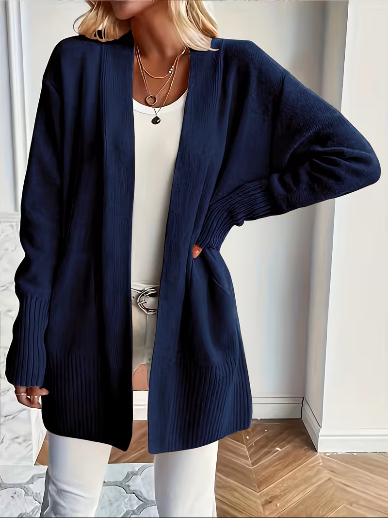 Women's Open Front Cardigan Long Sleeve Ribbed Knit Pockets Casual