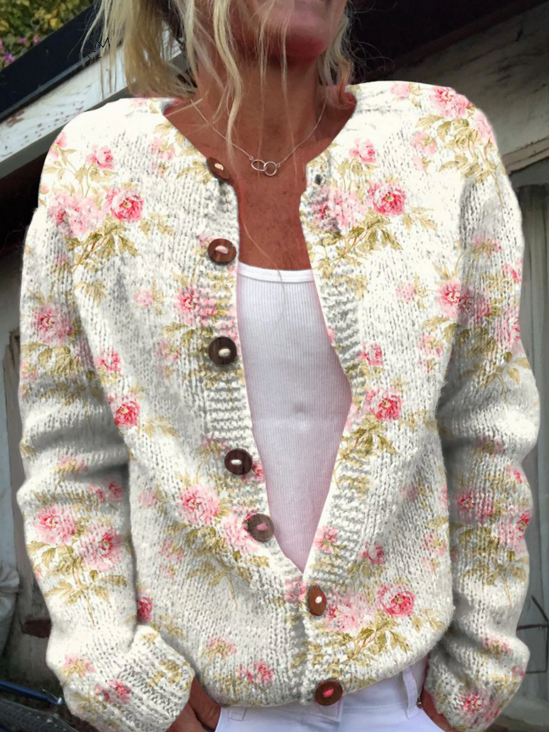 Women's Floral Knit Cardigan Button-Up Long Sleeve Round Neck Casual Sweater