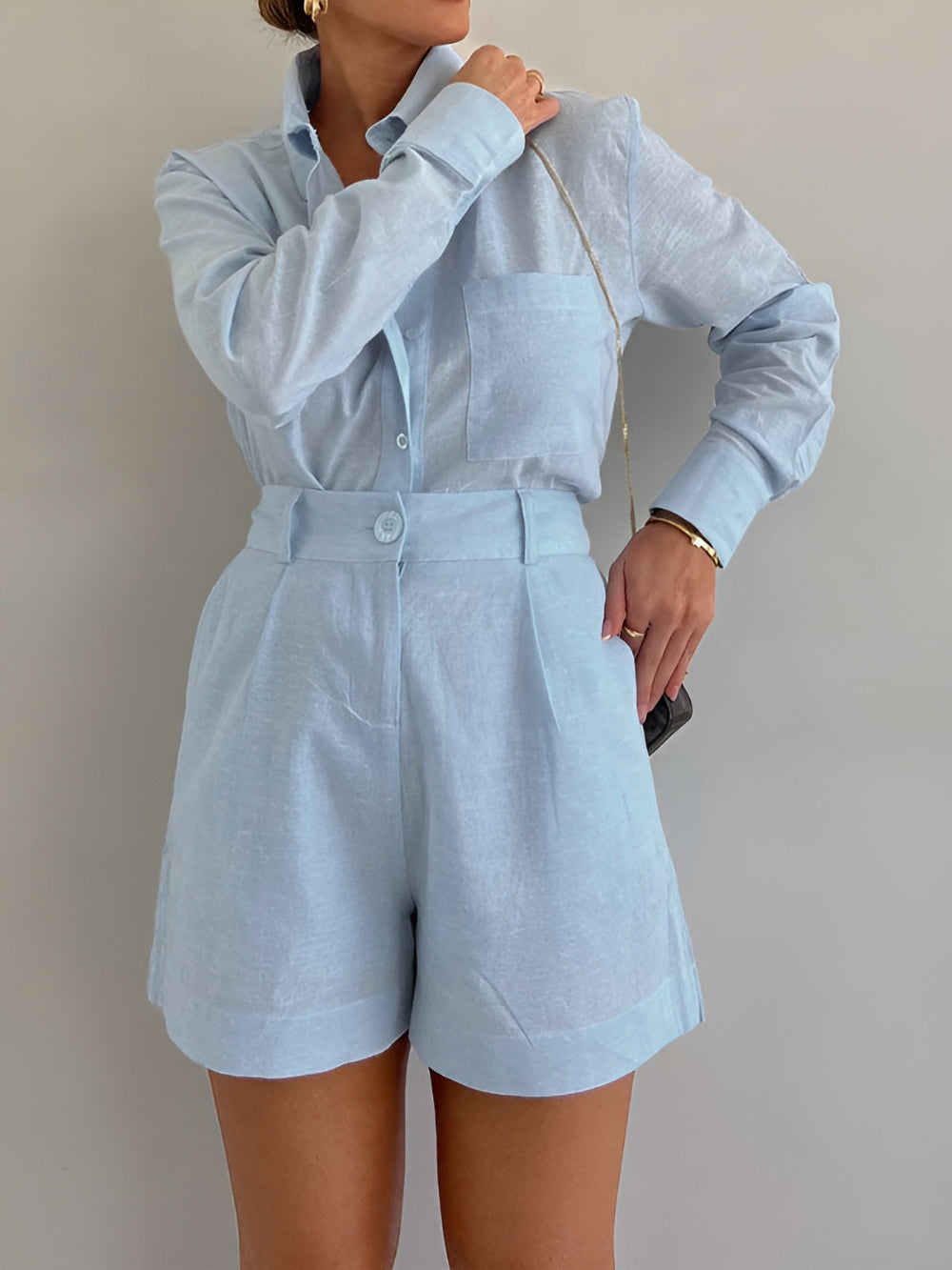 Lila Cotton and Linen Long Sleeve Shorts Set