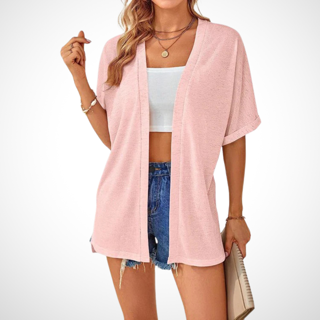 Women's Open-Front Cardigan Short Sleeve Dolman Side Slit Casual Beach Cover-Up
