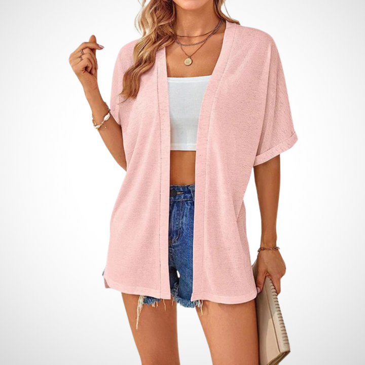 Women's Open-Front Cardigan Short Sleeve Dolman Side Slit Casual Beach Cover-Up