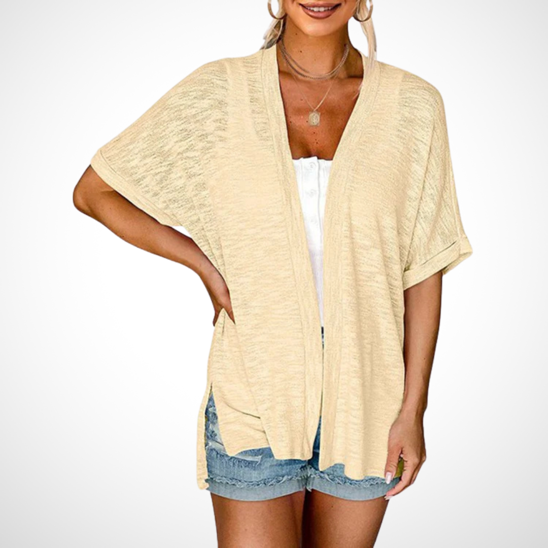Women's Open-Front Cardigan Short Sleeve Dolman Side Slit Casual Beach Cover-Up