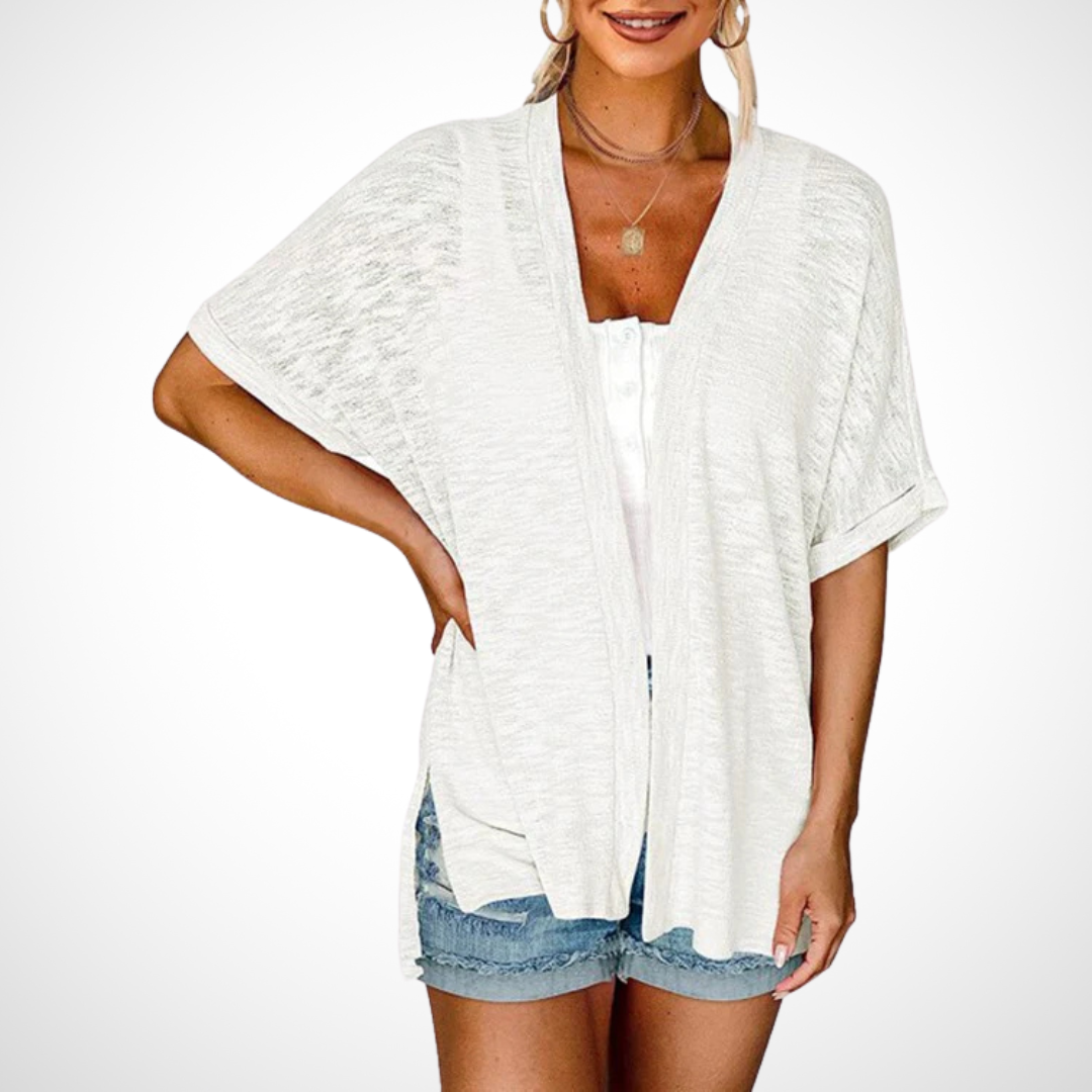 Women's Open-Front Cardigan Short Sleeve Dolman Side Slit Casual Beach Cover-Up