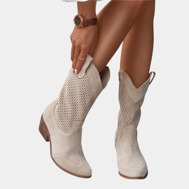Women's Cowboy Boots Perforated Block Heel Casual Footwear