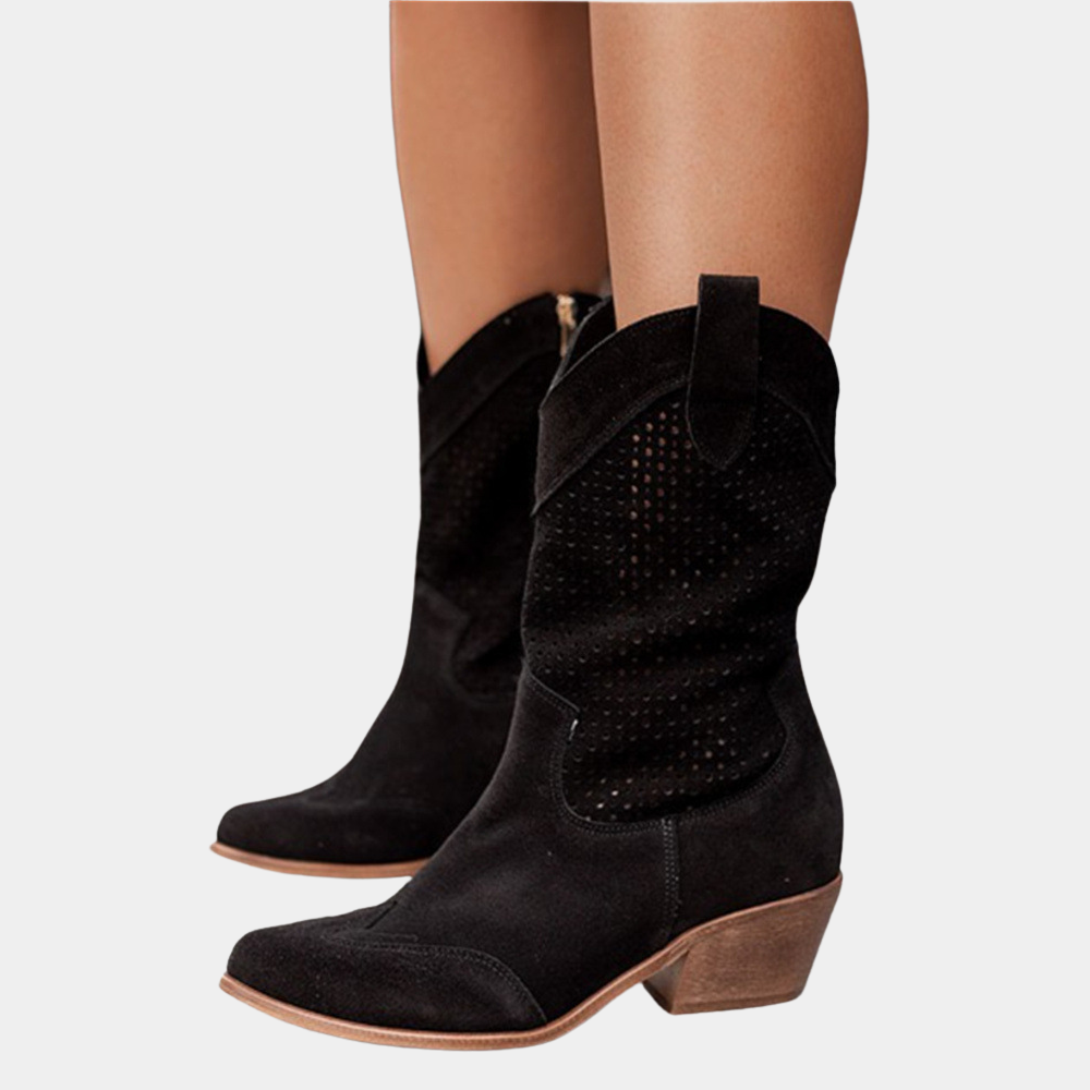 Women's Cowboy Boots Perforated Block Heel Casual Footwear