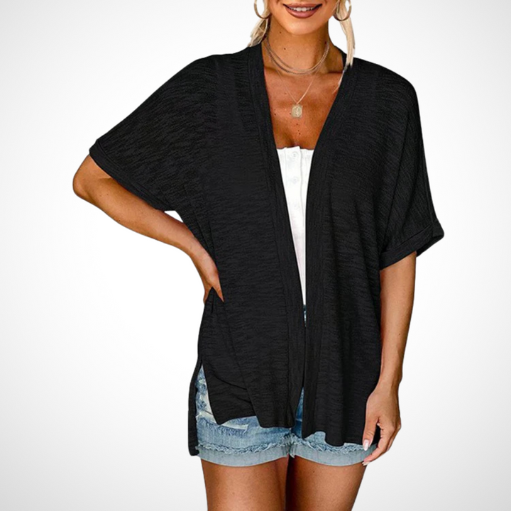 Women's Open-Front Cardigan Short Sleeve Dolman Side Slit Casual Beach Cover-Up