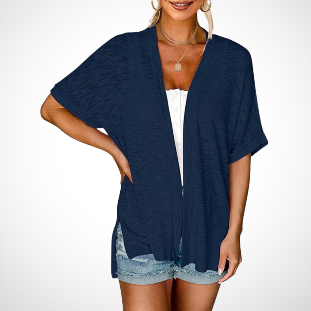 Women's Open-Front Cardigan Short Sleeve Dolman Side Slit Casual Beach Cover-Up