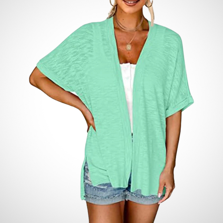 Women's Open-Front Cardigan Short Sleeve Dolman Side Slit Casual Beach Cover-Up