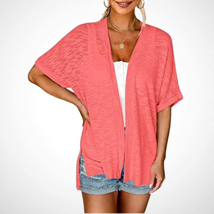 Women's Open-Front Cardigan Short Sleeve Dolman Side Slit Casual Beach Cover-Up