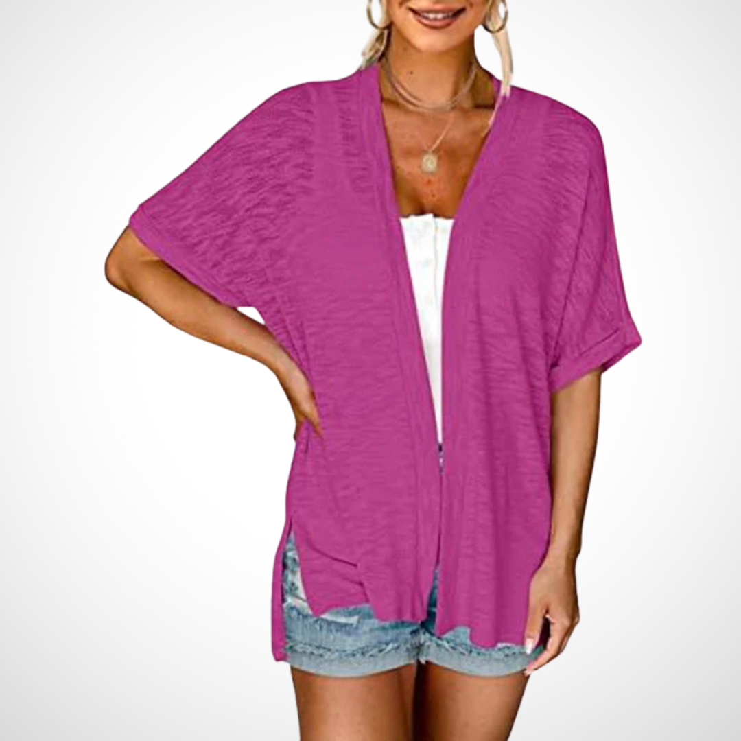 Women's Open-Front Cardigan Short Sleeve Dolman Side Slit Casual Beach Cover-Up