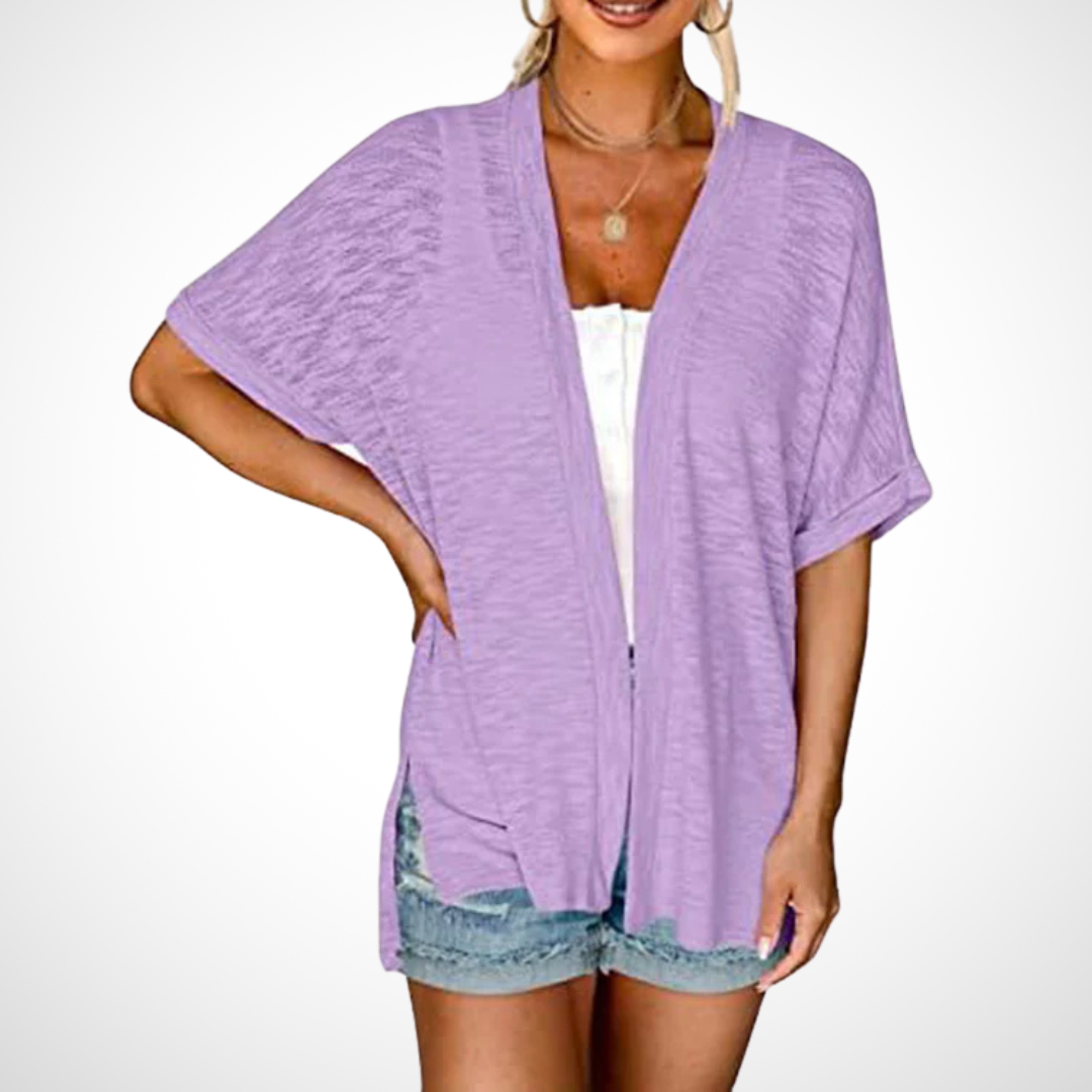 Women's Open-Front Cardigan Short Sleeve Dolman Side Slit Casual Beach Cover-Up