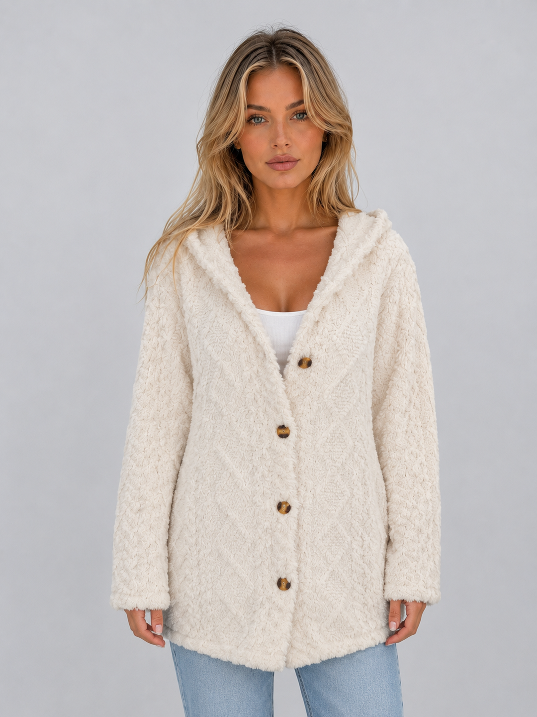 Women's Hooded Fleece Cardigan Button Front Long Sleeve Textured Winter Jacket