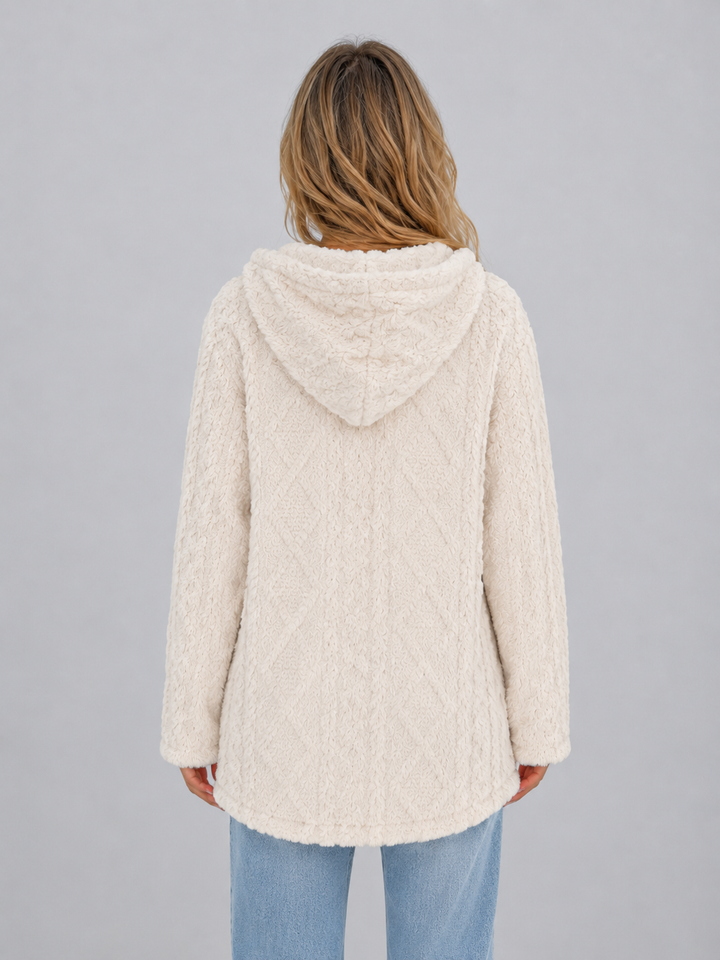 Women's Hooded Fleece Cardigan Button Front Long Sleeve Textured Winter Jacket