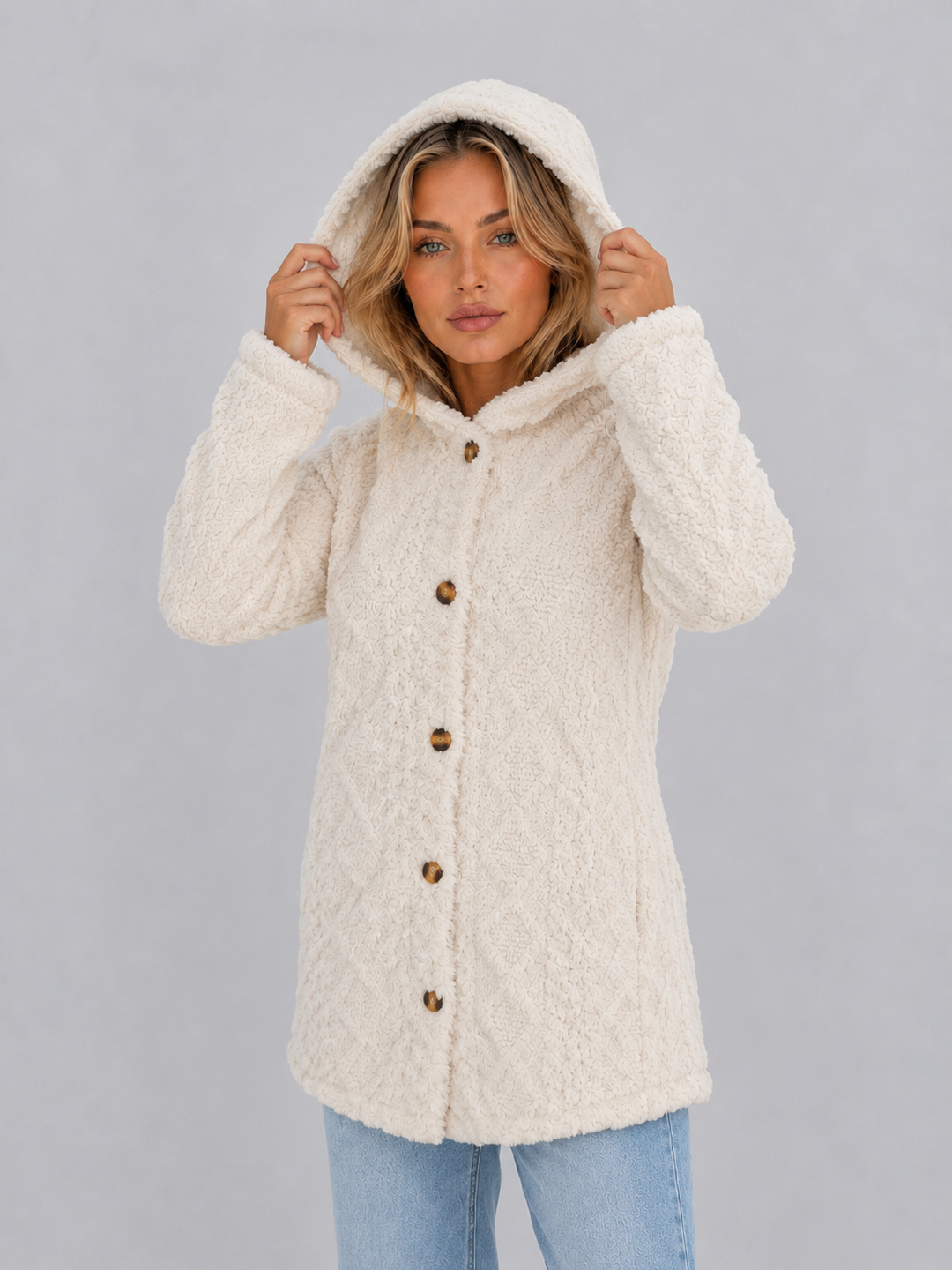 Women's Hooded Fleece Cardigan Button Front Long Sleeve Textured Winter Jacket