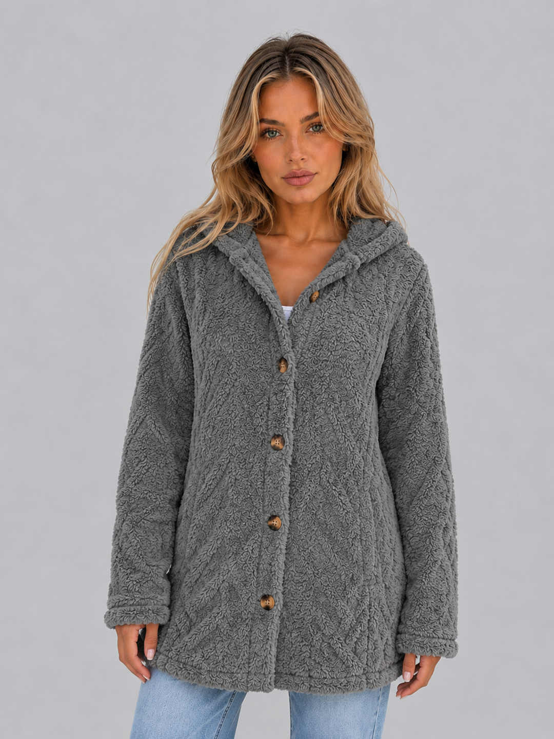Women's Hooded Fleece Cardigan Button Front Long Sleeve Textured Winter Jacket