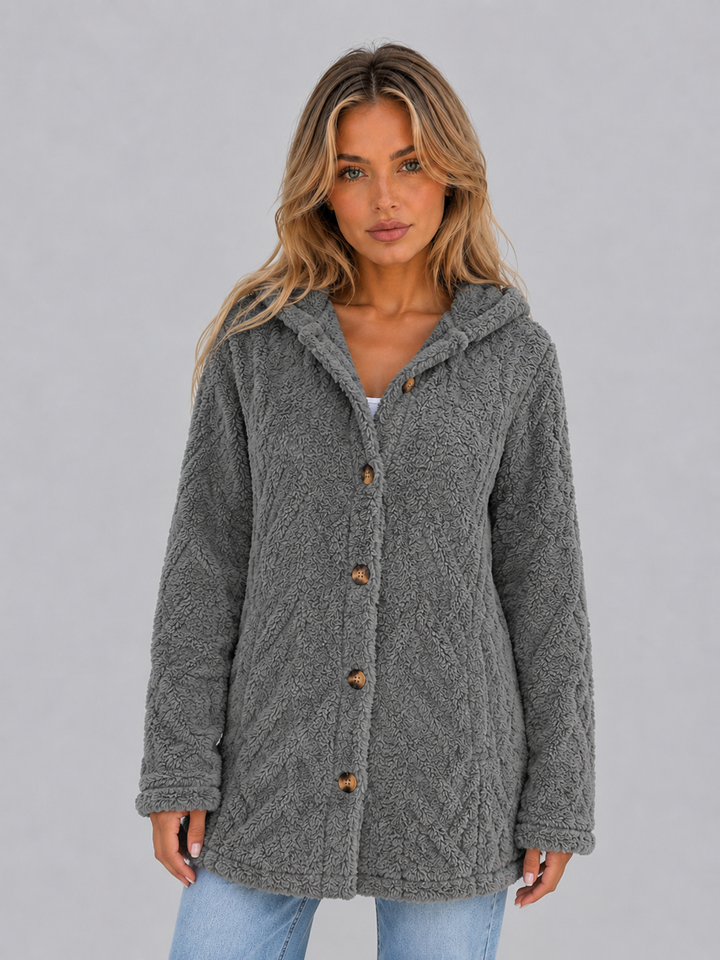 Women's Hooded Fleece Cardigan Button Front Long Sleeve Textured Winter Jacket