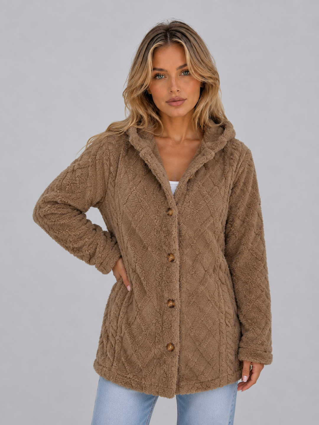 Women's Hooded Fleece Cardigan Button Front Long Sleeve Textured Winter Jacket