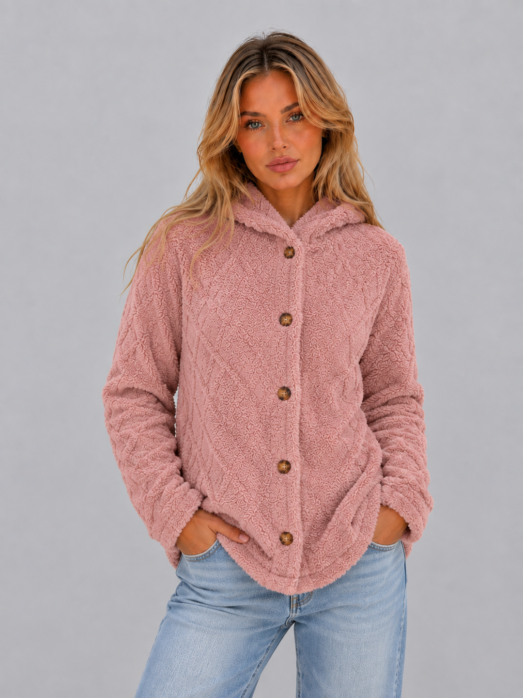 Women's Hooded Fleece Cardigan Button Front Long Sleeve Textured Winter Jacket