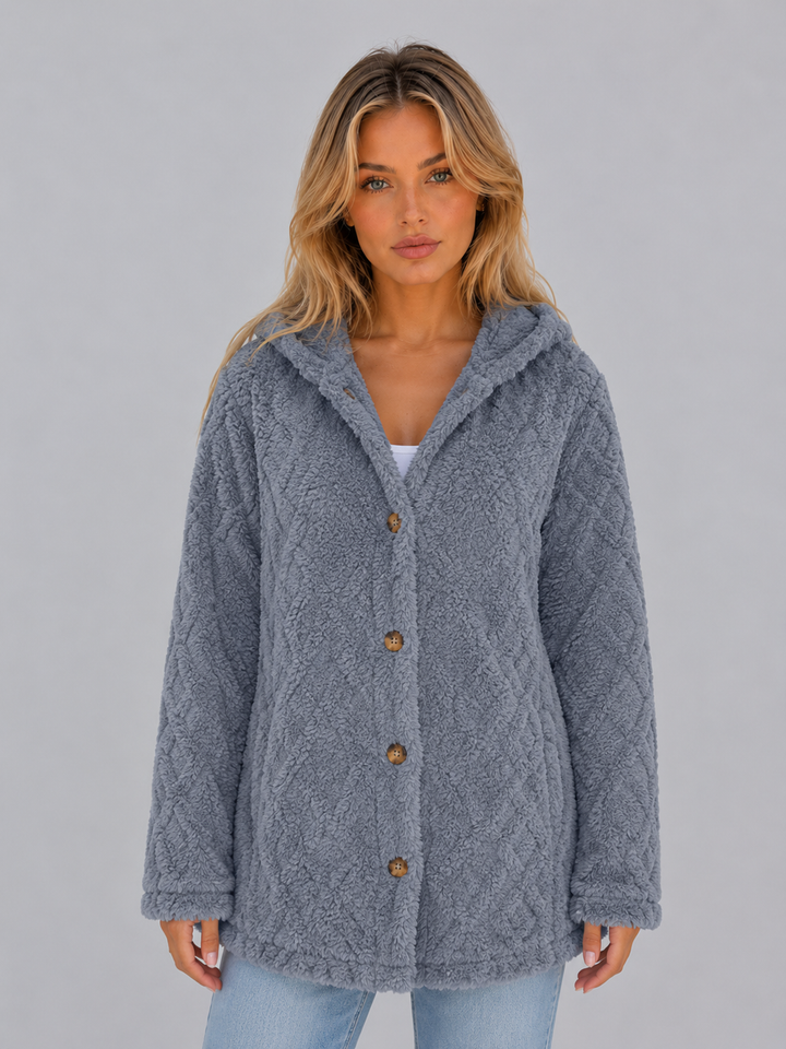 Women's Hooded Fleece Cardigan Button Front Long Sleeve Textured Winter Jacket