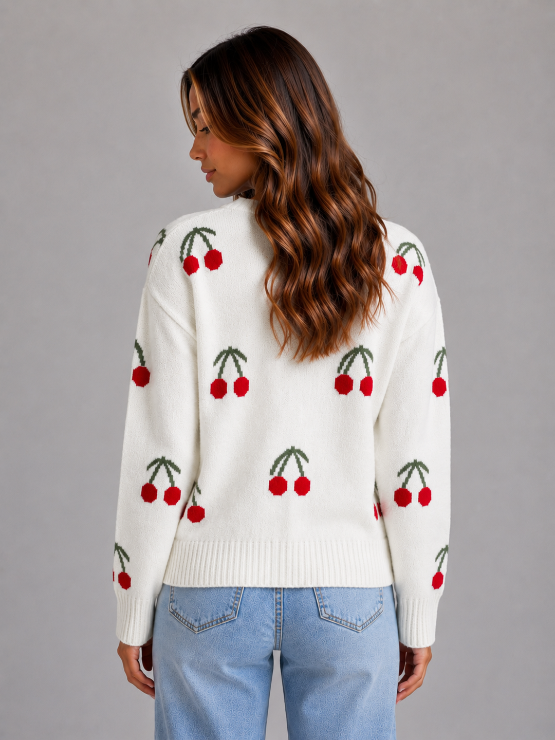 Women's Cherry Print Cardigan V-Neck Button Front Long Sleeve Knit