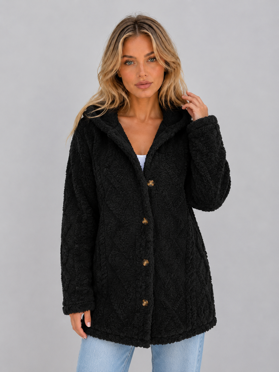 Women's Hooded Fleece Cardigan Button Front Long Sleeve Textured Winter Jacket