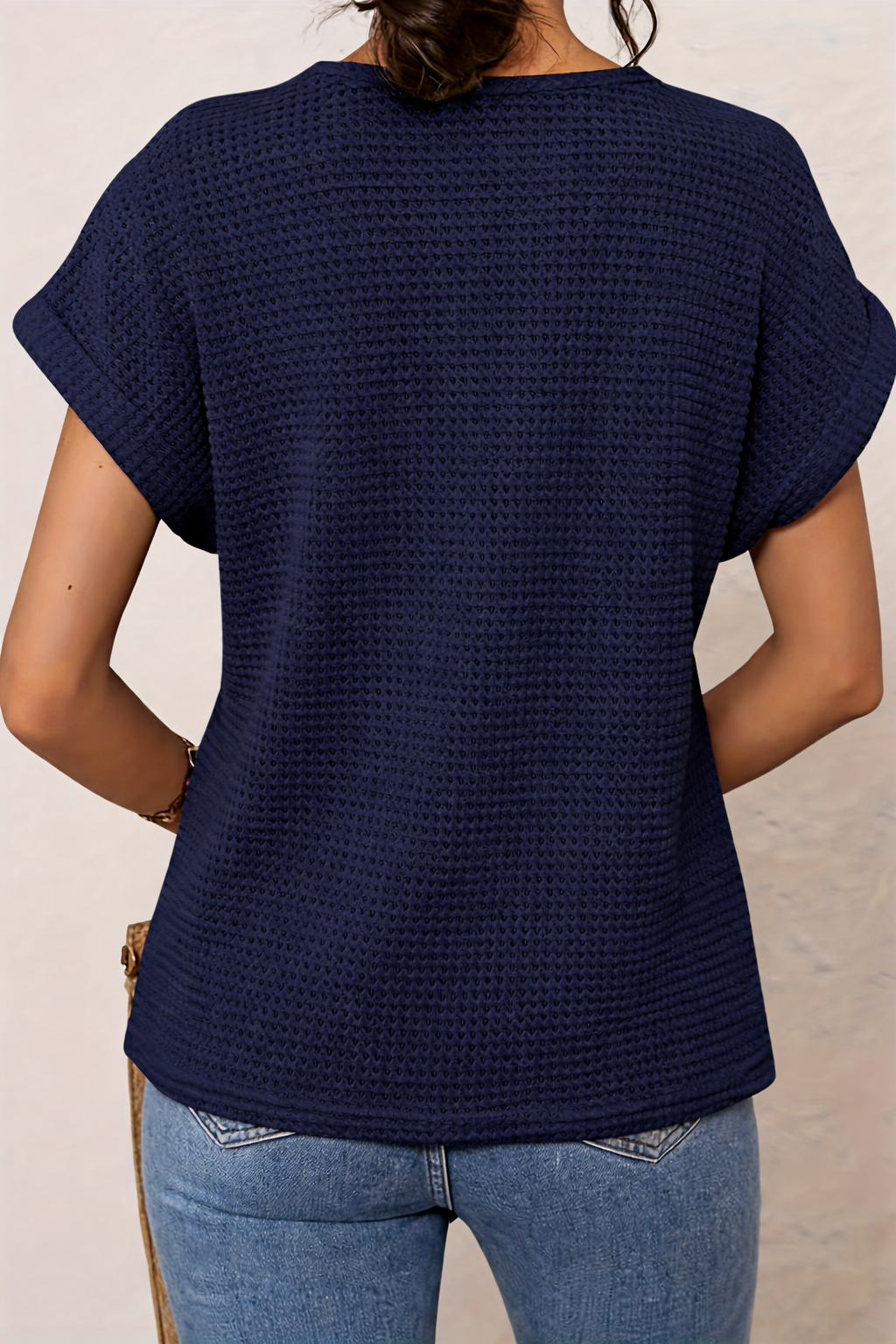 Women's Crochet Lace Trim Top Round Neck Short Sleeve Knit Casual
