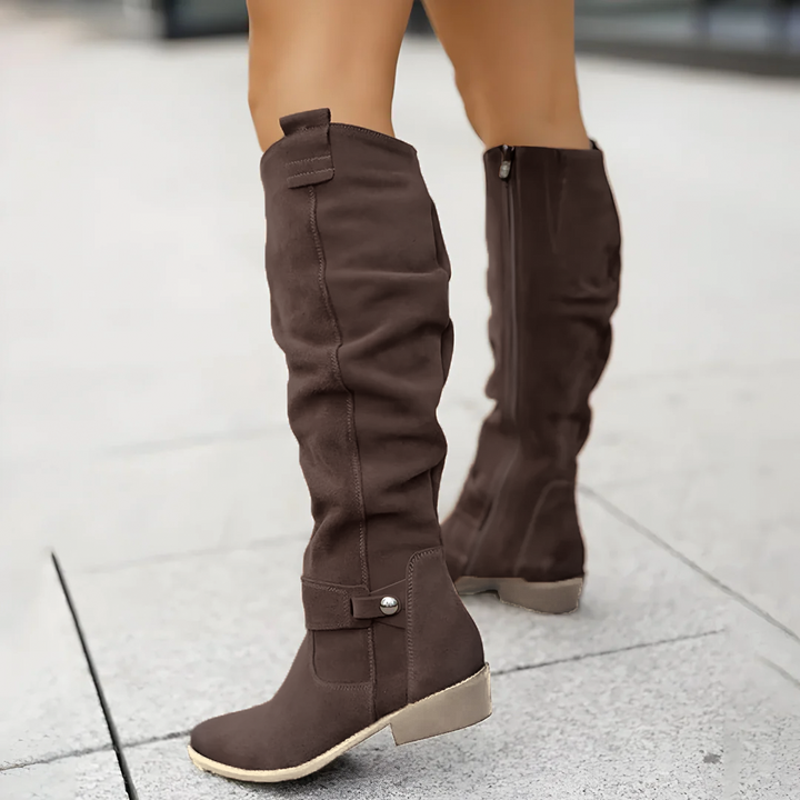 Suede Slouch Ankle Strap Low Block Heel Knee High Boots