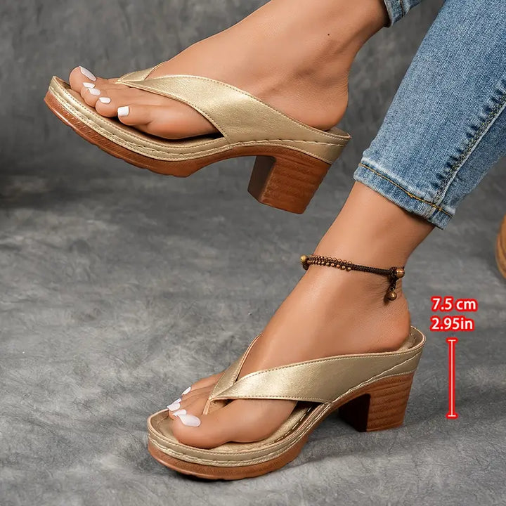 Metallic Thong Strap Block Heel Sandal