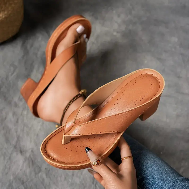 Metallic Thong Strap Block Heel Sandal