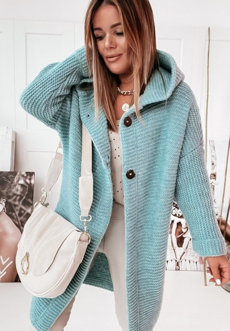 Women's Oversized Hooded Cardigan – Long Button Knit Coat