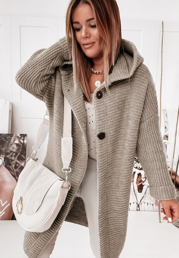 Women's Oversized Hooded Cardigan – Long Button Knit Coat