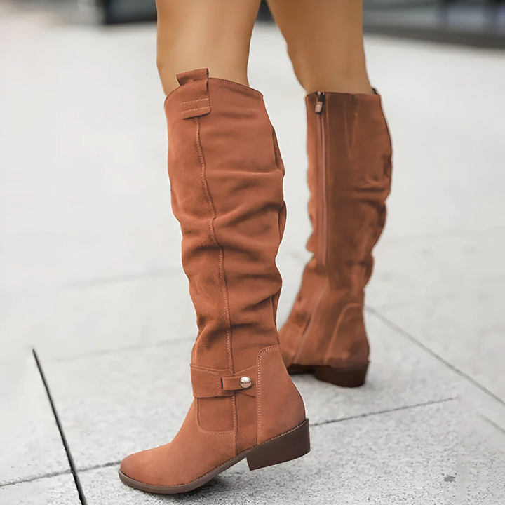 Suede Slouch Ankle Strap Low Block Heel Knee High Boots