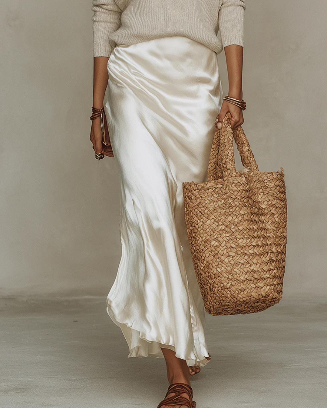 Elena | Midi Satin Wrap Skirt with Ribbed Knit V-Neck Sweater for Women