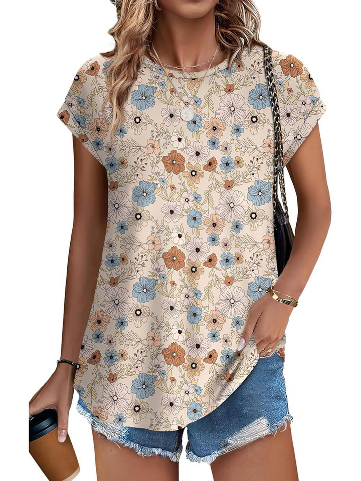 Loretta | Botanical Leaf Print Cap Sleeve Blouse for Women
