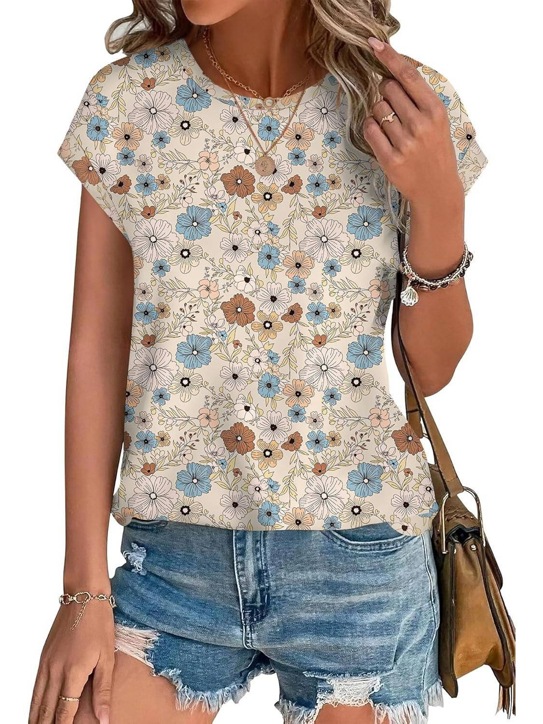 Loretta | Botanical Leaf Print Cap Sleeve Blouse for Women