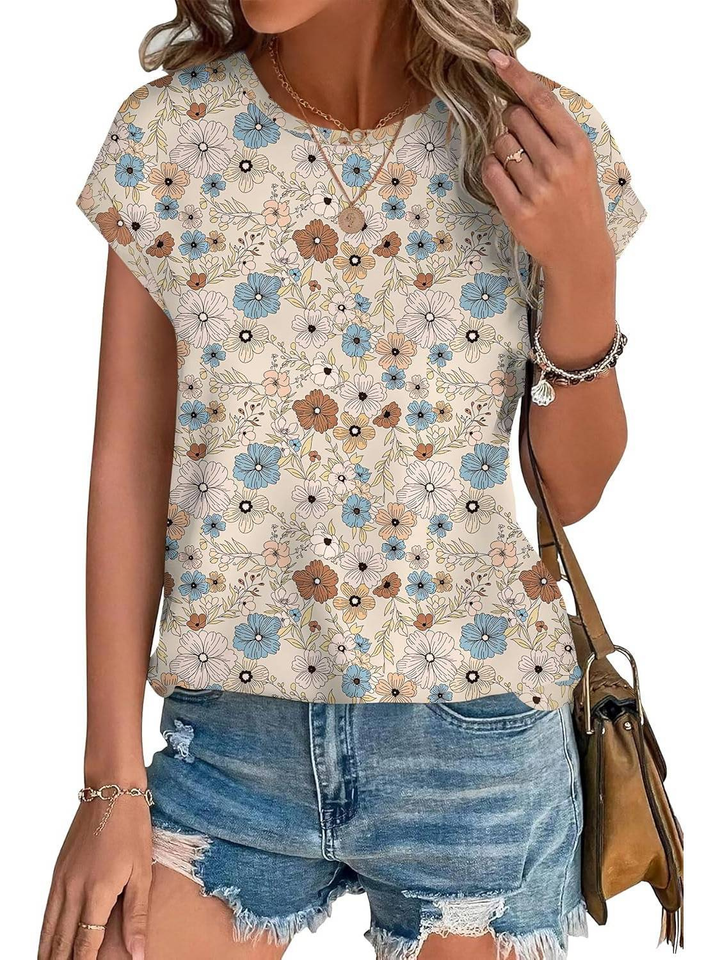 Loretta | Botanical Leaf Print Cap Sleeve Blouse for Women