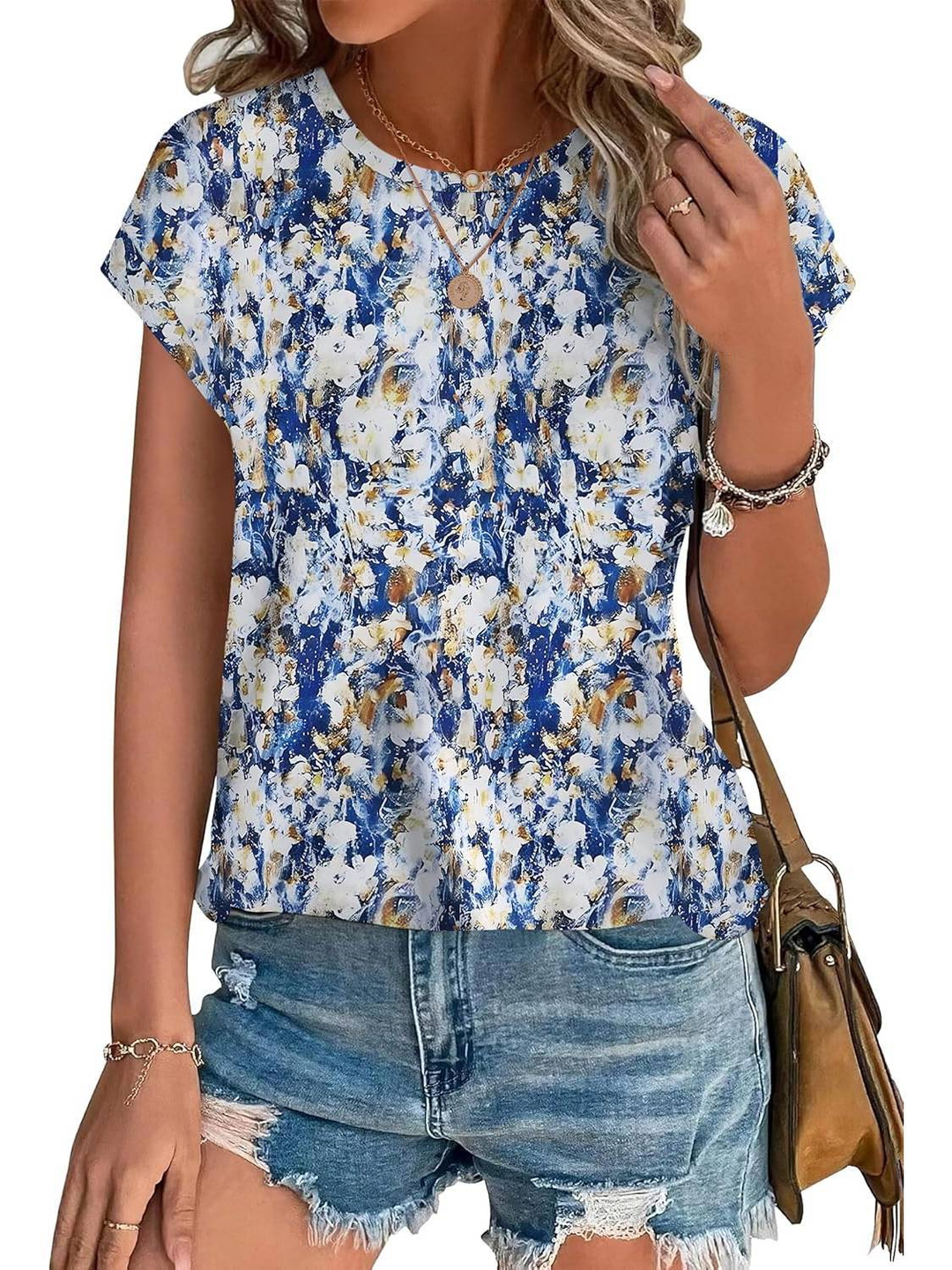 Loretta | Botanical Leaf Print Cap Sleeve Blouse for Women
