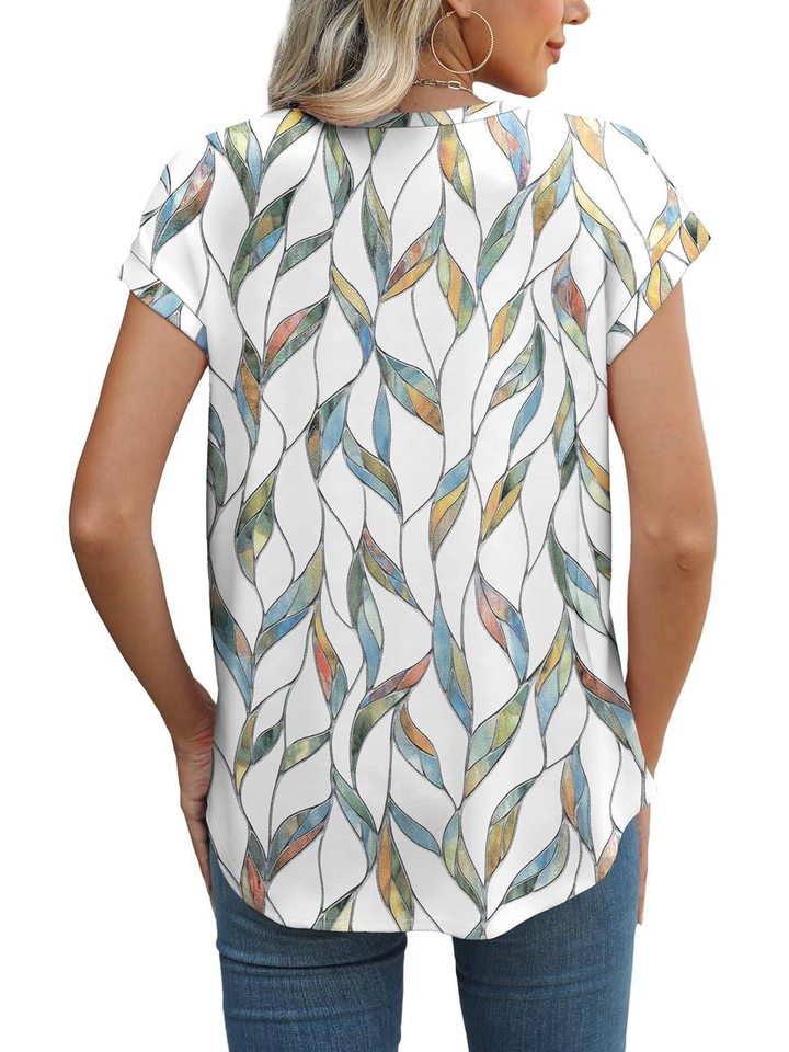 Loretta | Botanical Leaf Print Cap Sleeve Blouse for Women