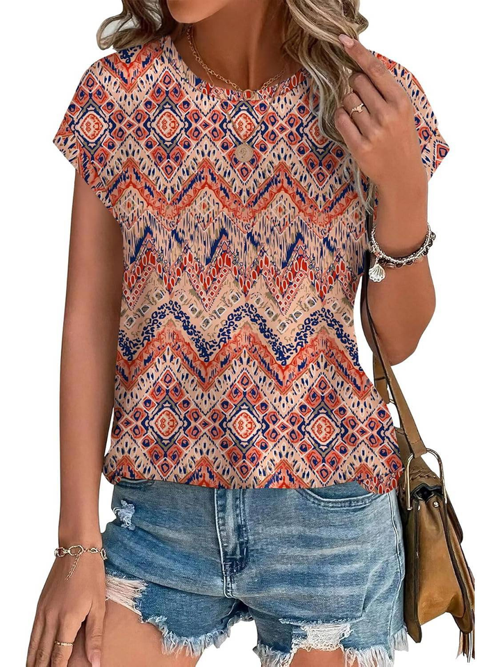 Loretta | Botanical Leaf Print Cap Sleeve Blouse for Women