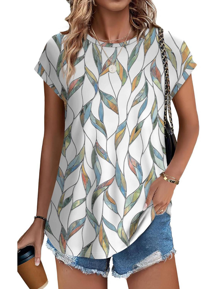 Loretta | Botanical Leaf Print Cap Sleeve Blouse for Women